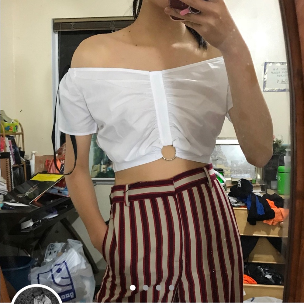 White off the shoulder ruched crop top tie back